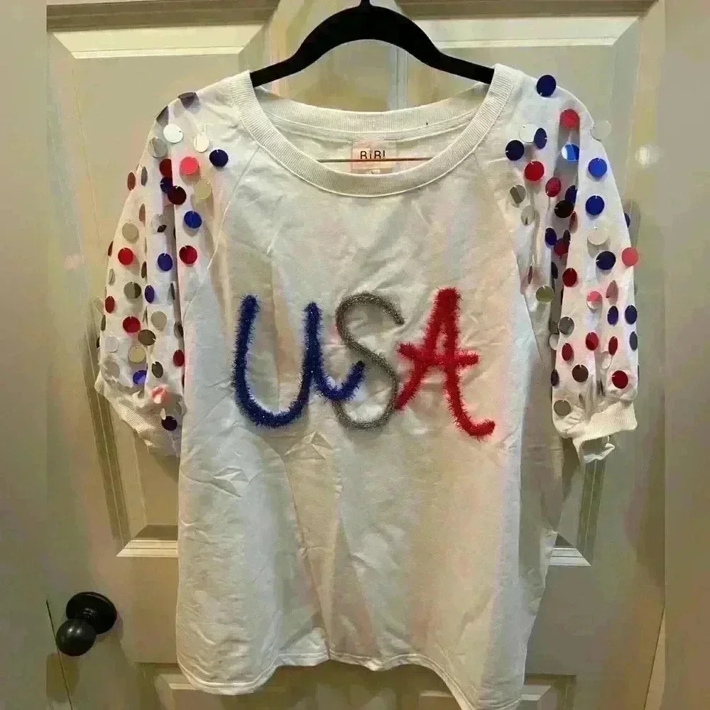 METALLIC LETTER USA SPANGLE TOP